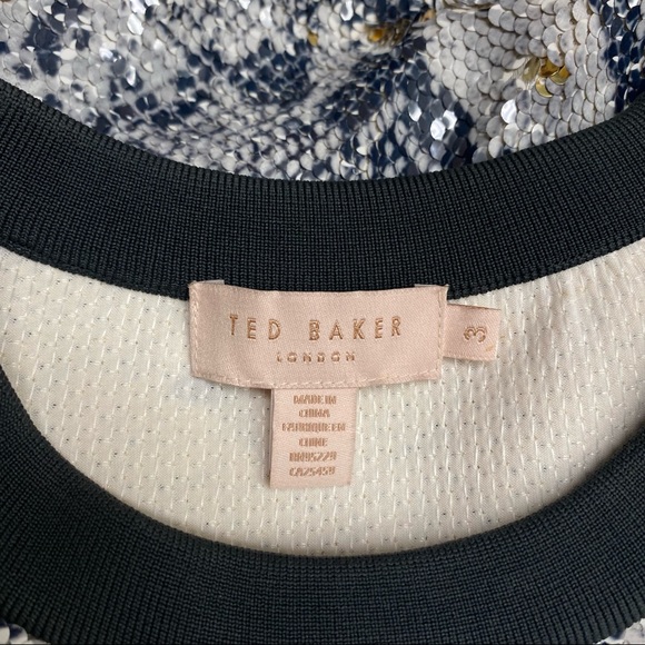 Ted Baker London Top Snakeskin Print Black Gray & Gold Sequin Excellent Size 3 - Picture 6 of 6